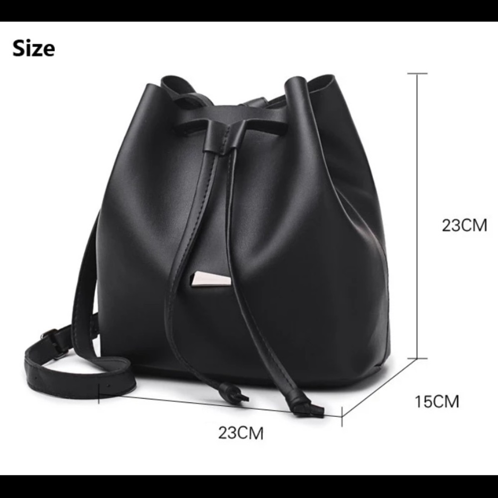 Black Vegan Leather Drawstring Bucket Bag - Picture 3 of 5